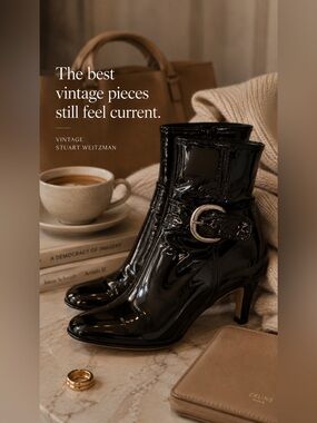 Stuart Weitzman Glossy Black Patent Leather Buckle Ankle Boots
